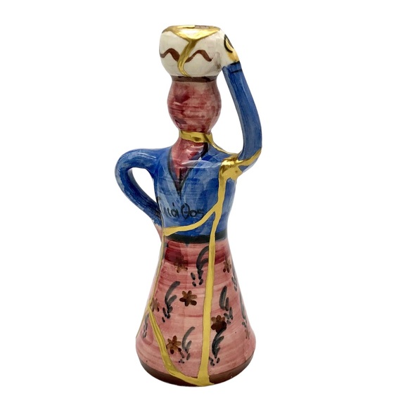 Kintsugi Pottery Greek Folk Art Candlestick Holder Skiathos Gold Crack Gift - Picture 8 of 15